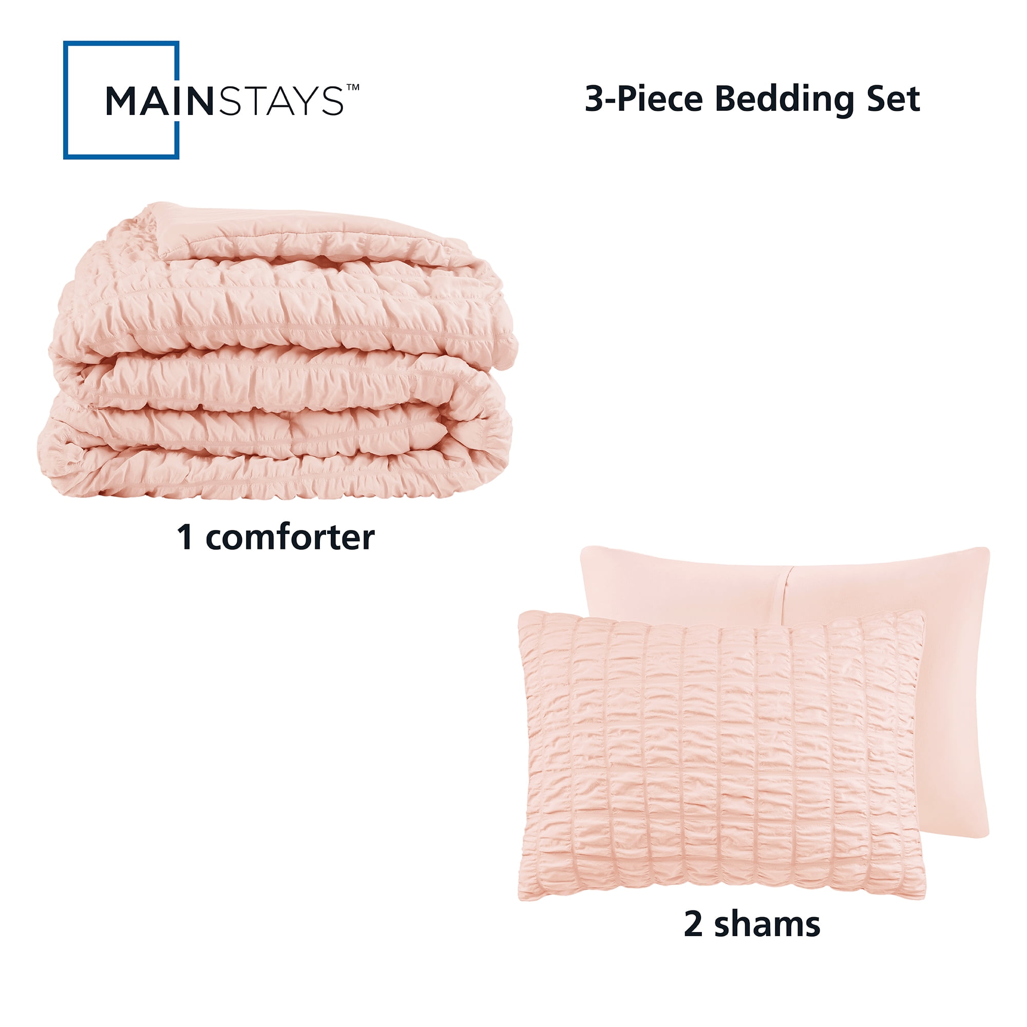 Mainstays 3-Piece Seersucker Comforter Set, Pink Blush, King, All Ages, Females
