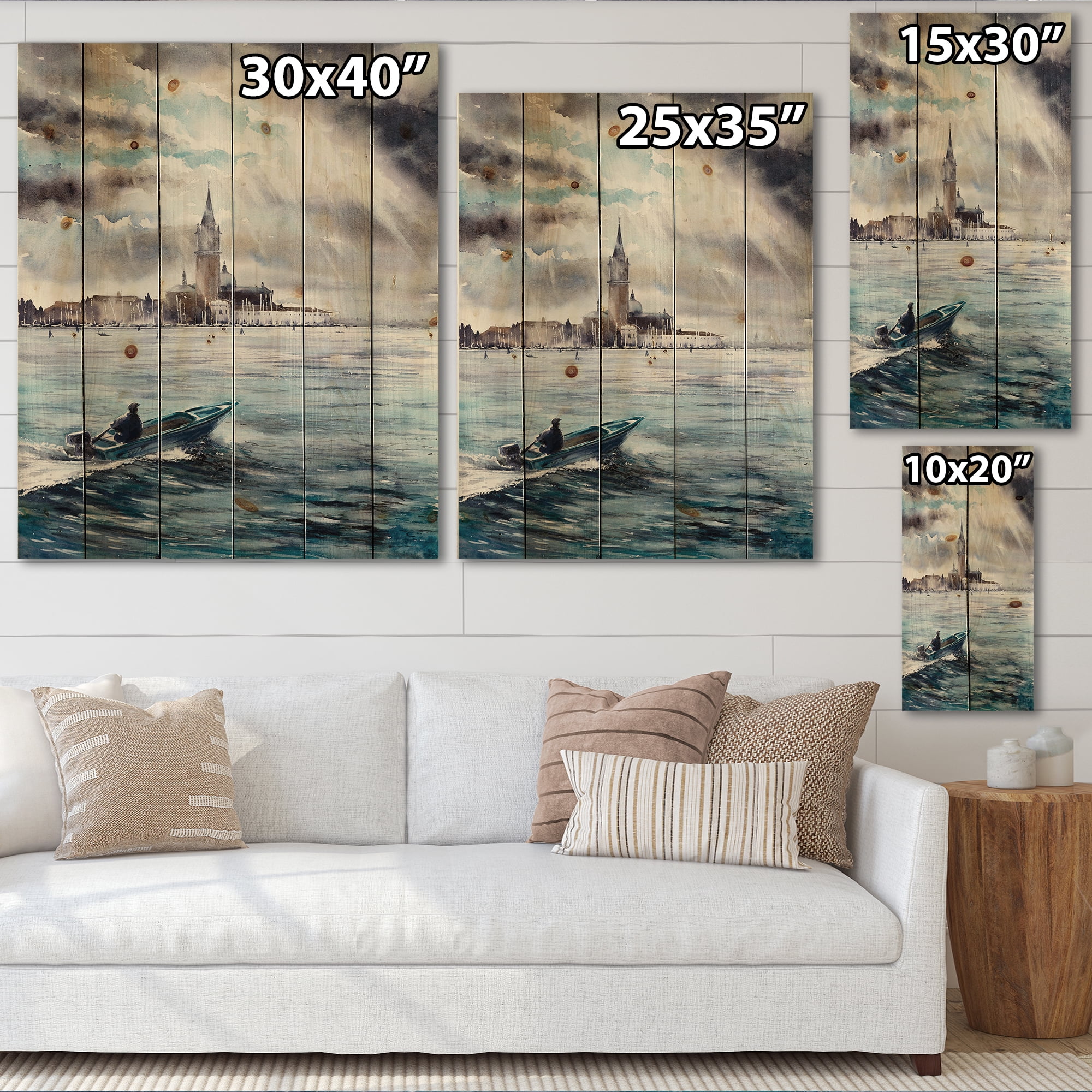 Designart 'Boat Returning In Storm Over Venice In Italy' Nautical & Coastal Print on Natural Pine Wood