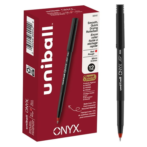 uniball ONYX Stick Rollerball Pens, Micro Point (0.5mm), Red Ink, 12 Count