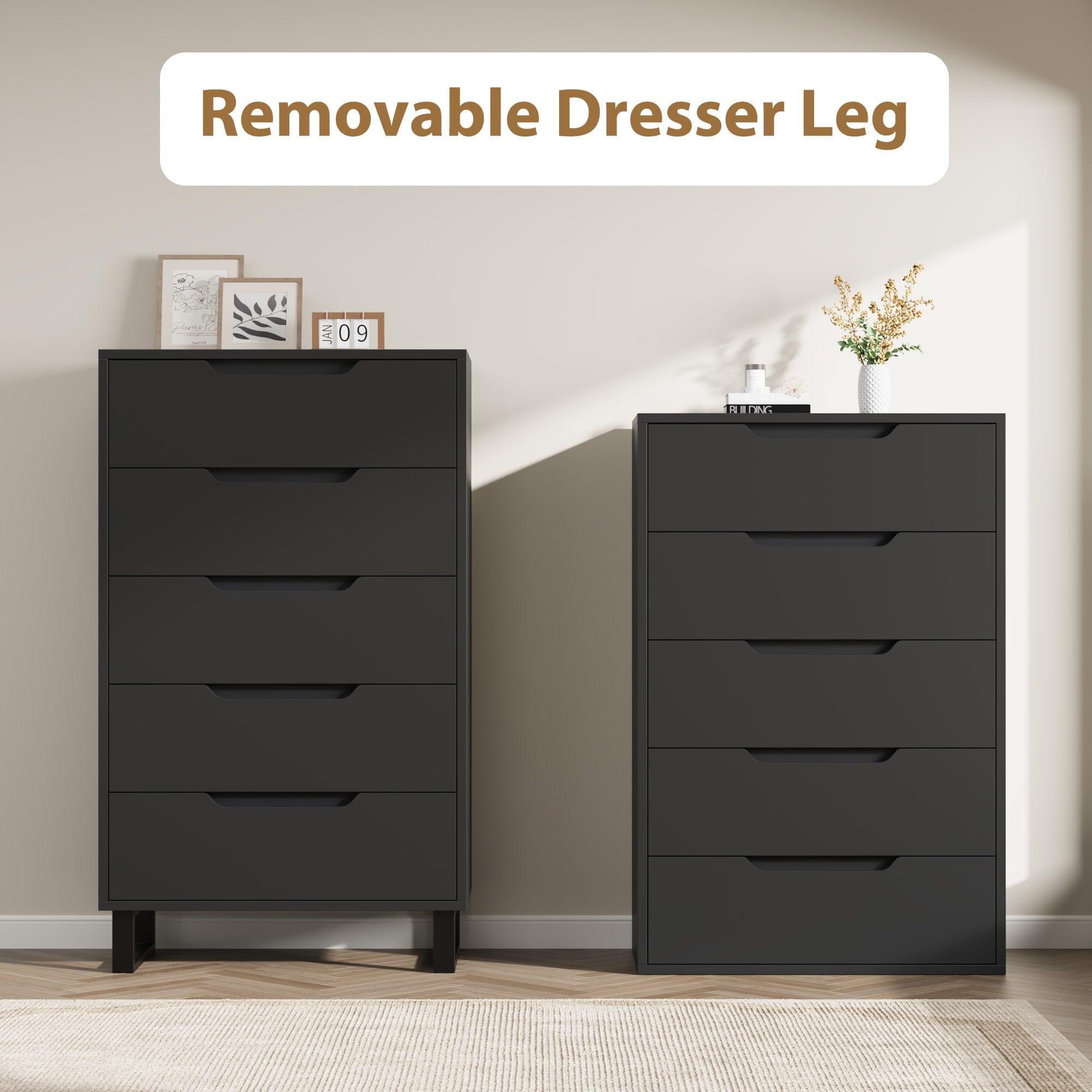 5-Drawer Dresser with Adjustable Base - Spacious Storage Chest for Bedroom & Living Room，