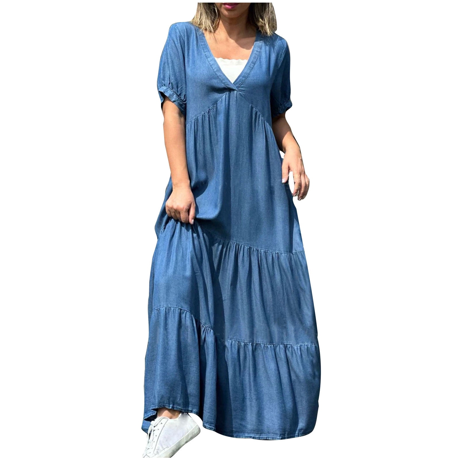 OSFVNOXV Denim Look Dress for Women Plus Size Summer Boho Loose Tiered Maxi Dress Casual V-Neck Flowy A-Line Tunic Shirt Dress,S-5XL