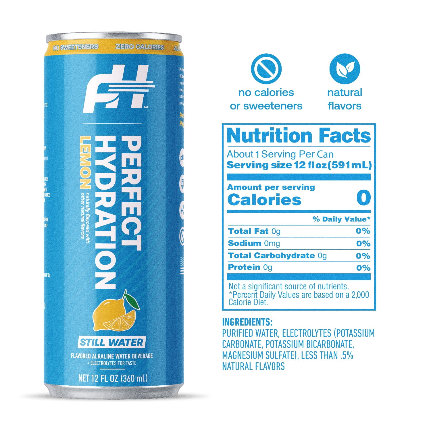 Perfect Hydration Lemon Flavored Alkaline Water, 0 Sugar, 0 Calories, 12 oz Cans, Pack of 12
