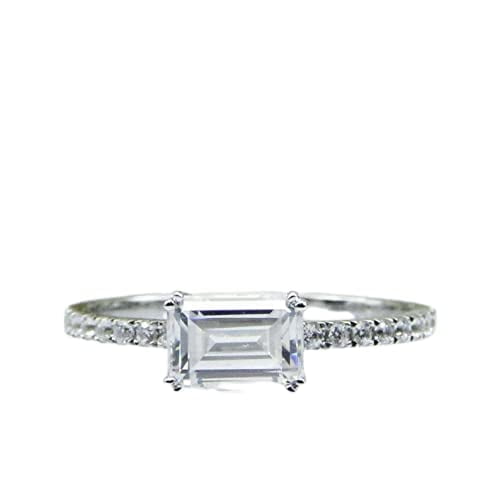 HeartsAndYou 1.2ct Emerald Cut Moissanite Engagement Ring for Women East West Solitaire 18k White Gold Over Silver