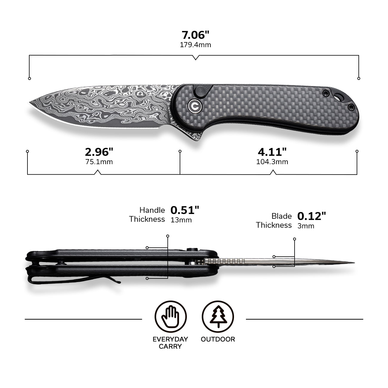 CIVIVI Pocket Folding Knife Button Lock Elementum II Damascus Blade C18062PB-DS1