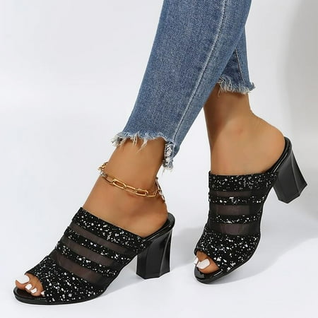 

Cathalem Size 13 Womens Sandals Shoes Glitter Sculptural Heeled Mule Sandals For Women Sequins Decor Toe Sandals for Women Black 6.5