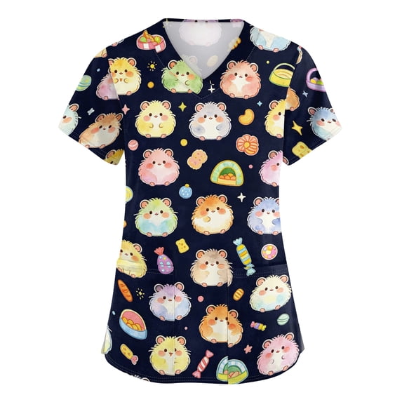 Scrubs for Women Scrub Tops Cute Cartoon Print V Neck Short Sleeve Scrub Shirts