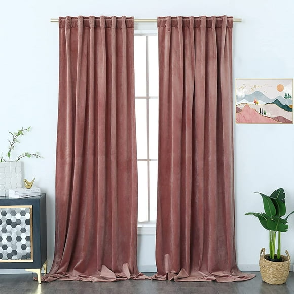 ZMLEVE 96 inches Wild Rose Velvet - Room Darkening Balance Temperature Thick Plush Sound Lower Window Drapes for Classroom / Baby Sleeping,Wild Rose, Rod Pocket Back Tab, 52W x 96L, Set of 2 Panels