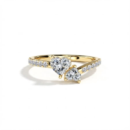 14k Yellow Gold Plated Moissanite Toi et Moi Ring Double Heart Cut Two Stone Engagement Ring for Women
