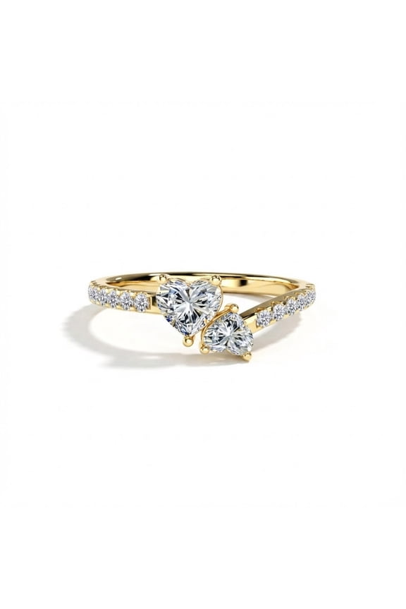 14k Yellow Gold Plated Moissanite Toi et Moi Ring Double Heart Cut Two Stone Engagement Ring for Women