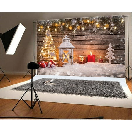 Image of GreenDecor 7x5ft Christmas Backdrop Shining Decoration Tree Lantern Gifts Candles Lights Heavy Snow Rustic Wood Plank Happy New Year Photography Background Kids Adults Photo Studio Props