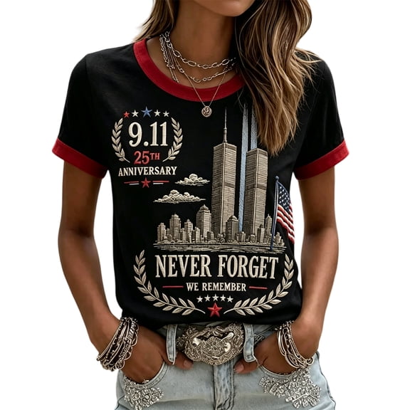 Women's Never Forget 911 Memorial T Shirt We Will Never Forget 9/11 Tee American Flag Patriotic Shirt, L