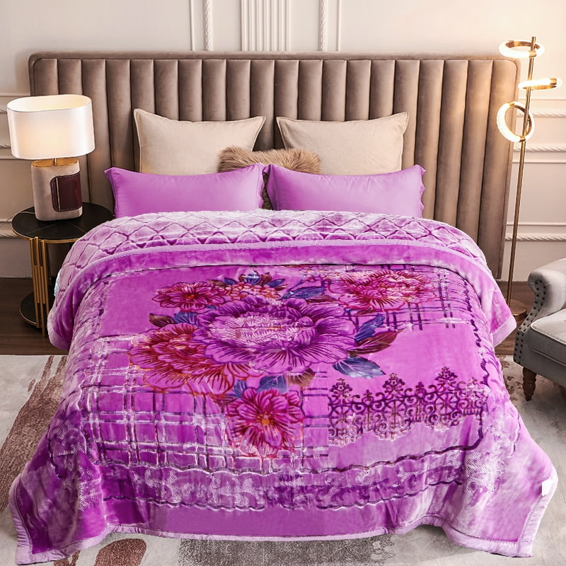 Heavy Thick Fleece Blanket King Size, 10.5lbs,2 Ply A & B Pattern Silky Soft Warm Reversible Raschel Winter Blanket, Minky Soft Plush Blanket for Sofa Bed, 87"x94", Purple Floral