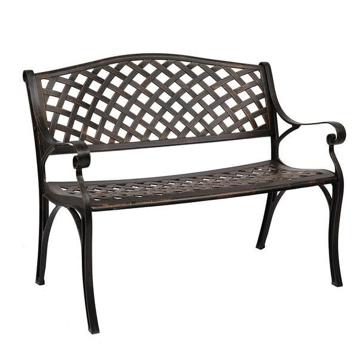 40.5" Outdoor Cast Aluminum Bench With Mesh Backrest Seat Surface Antique Style with Curved Armrests for Backyard Porch Bronze