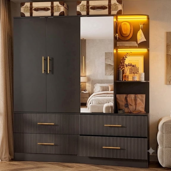 PakaLife 63" W 3 Doors Armoire Wardrobe Closet w/ 4 Drawers & LED Light, Farmhouse Freestanding, with Mirror, Hanging Rod, 3 Shelves,Black