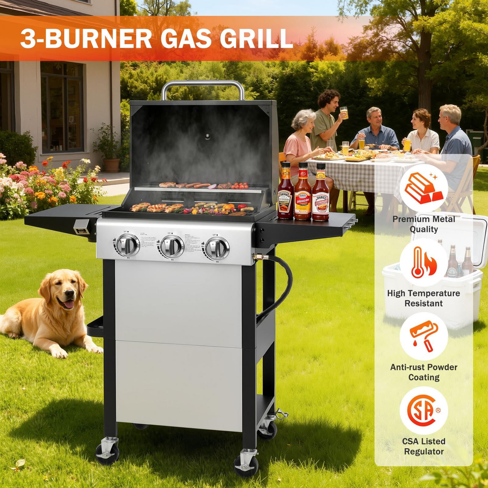 BBQ Grill, Seizeen 30,000 BTU 3-Burner Gas Grill Portable, Backyard Camping Propane Grill with  Daul Zone, Foldable Table, Hanging Basket, Steel Brush, Universal Wheels