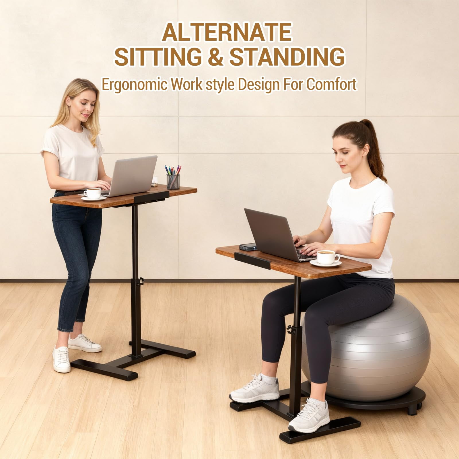 Ataucjin Adjustable Height Rolling Laptop Desk, Mobile Overbed Computer Table with Durable Metal Frame & Tilting Tabletop, Mobile Overbed Workstation for Home, Office, Couch, or Hospital