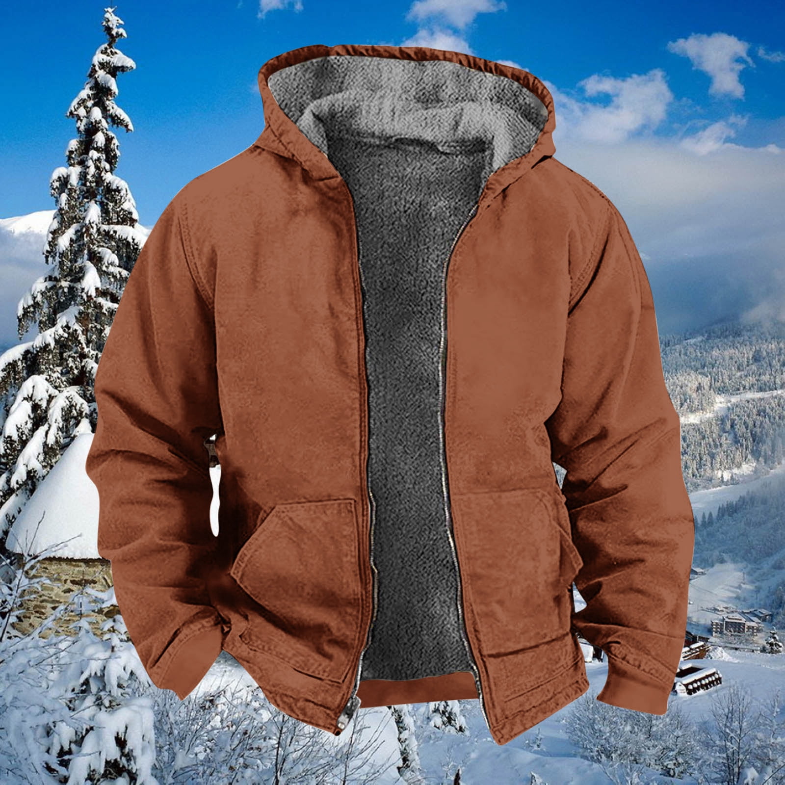 Winter!Brilliant Jackets for Men Puff Men's Winter Long Sleeved Cardigan Pockets Warm Plush Hooded Jacket Fleece Sweater Coat Heavy Weight Brown M