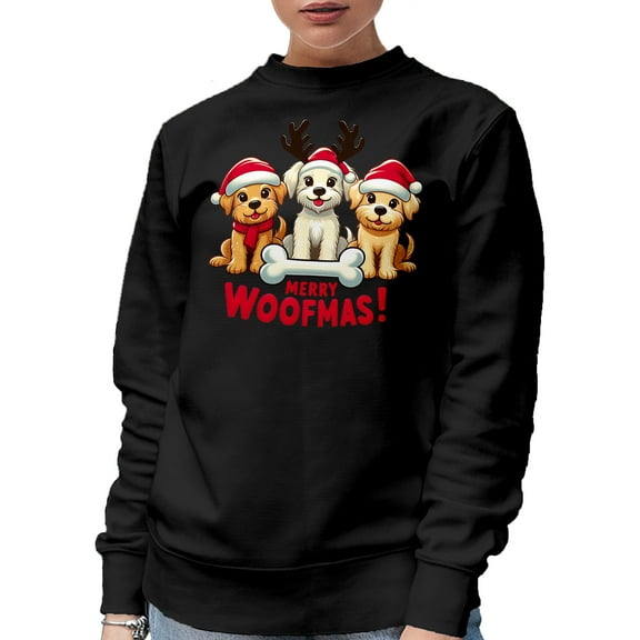 Merry Woofmas feat. Puppies - Merry Christmas with Cute Animals, Black Crewneck Sweatshirt, Small