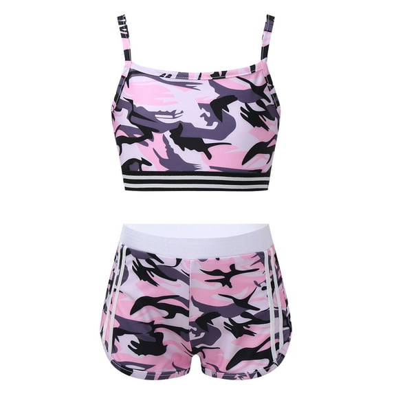 Eandarui Kids Girls Athletic Training Outfit Sleeveless Open Back Crop Tops with Bottoms Set Fitness Camo Pink 12