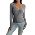 thumbnail image 2 of HLKJKLS Long Sleeve Shirts For Women Y2K Long Sleeve Lace Trim Open Collar Slim Fit Base Shirt Knit Gray S-Xl, 2 of 5