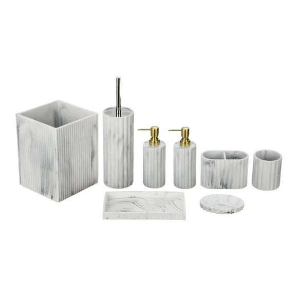 8 Piece Set White Marble Look Resin Bathroom Basket and Accessories Set