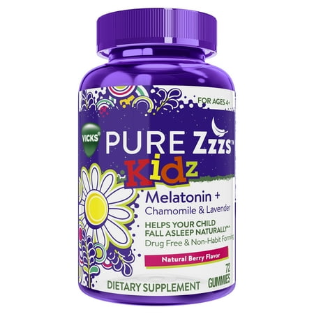 Vicks PURE Zzzs Kidz Melatonin Lavender & Chamomile Sleep Aid Gummies for Kids & Children, Natural Berry Flavor, 0.5mg per gummy, 72 (Best Over The Counter Melatonin)
