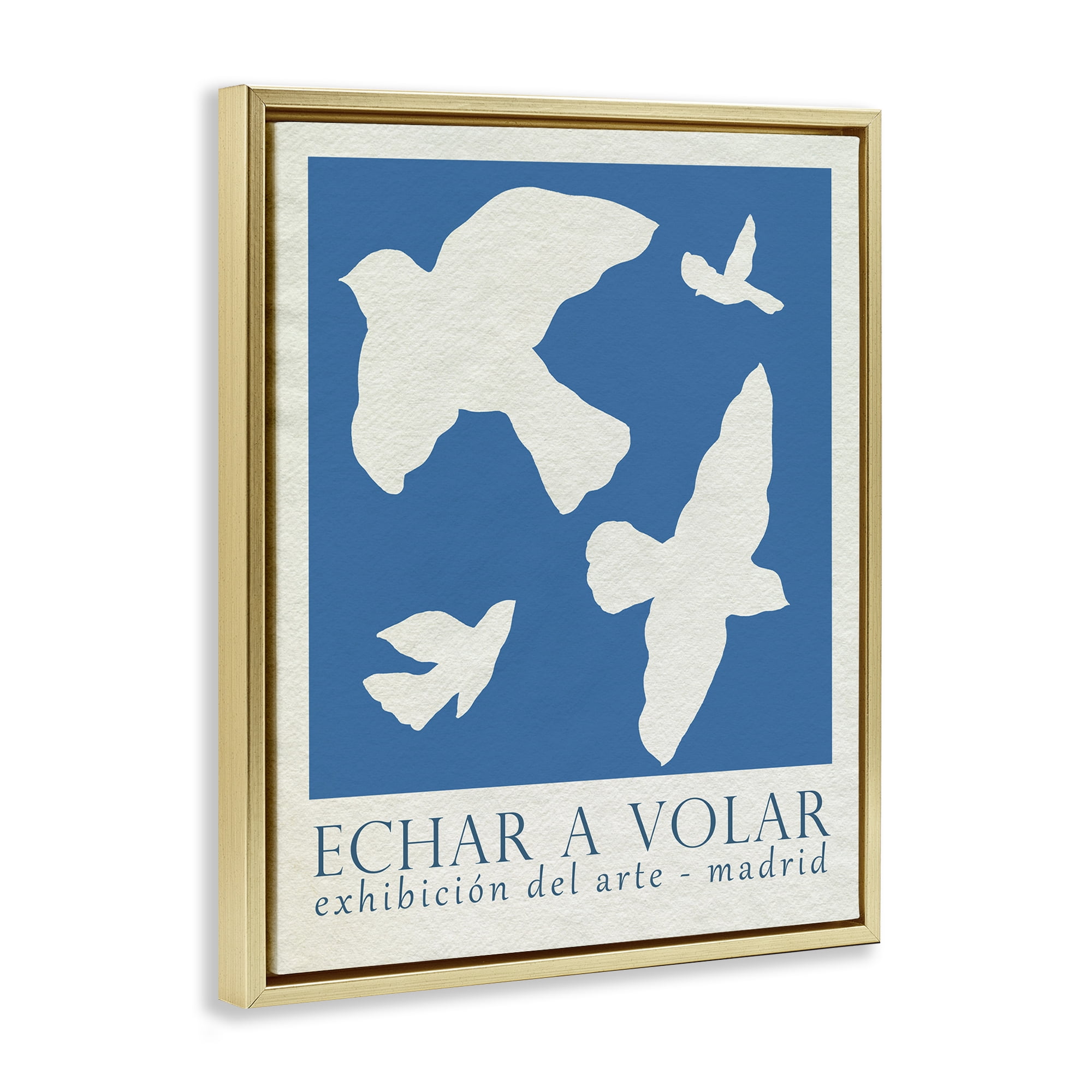Stupell Industries Classic Exhibition Blue Birds Typography Painting Gold Floater Framed Canvas Art Print Wall Art, 25 x 31