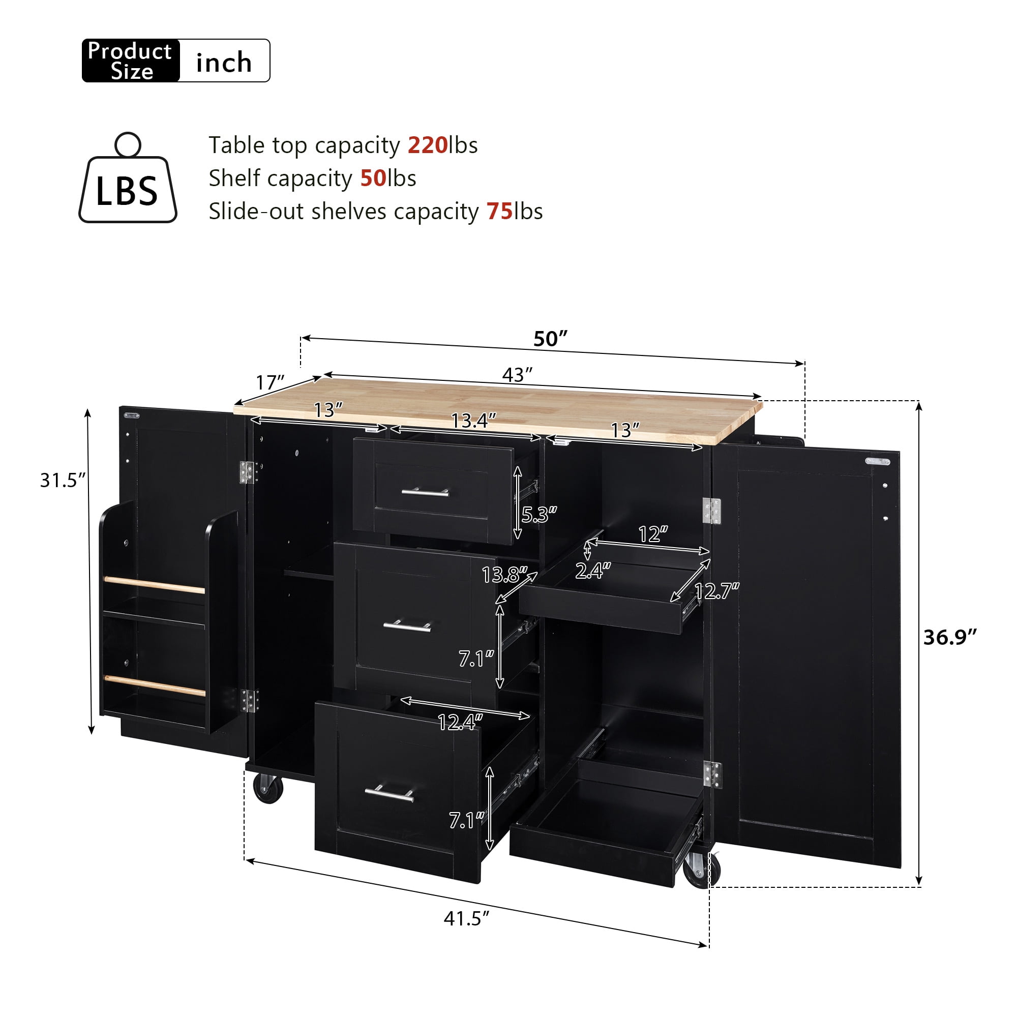 Aukfa Rolling Kitchen Island with Storage, Kitchen Cart W/3 Drawer & 2 Slide-Out Shelf,Black
