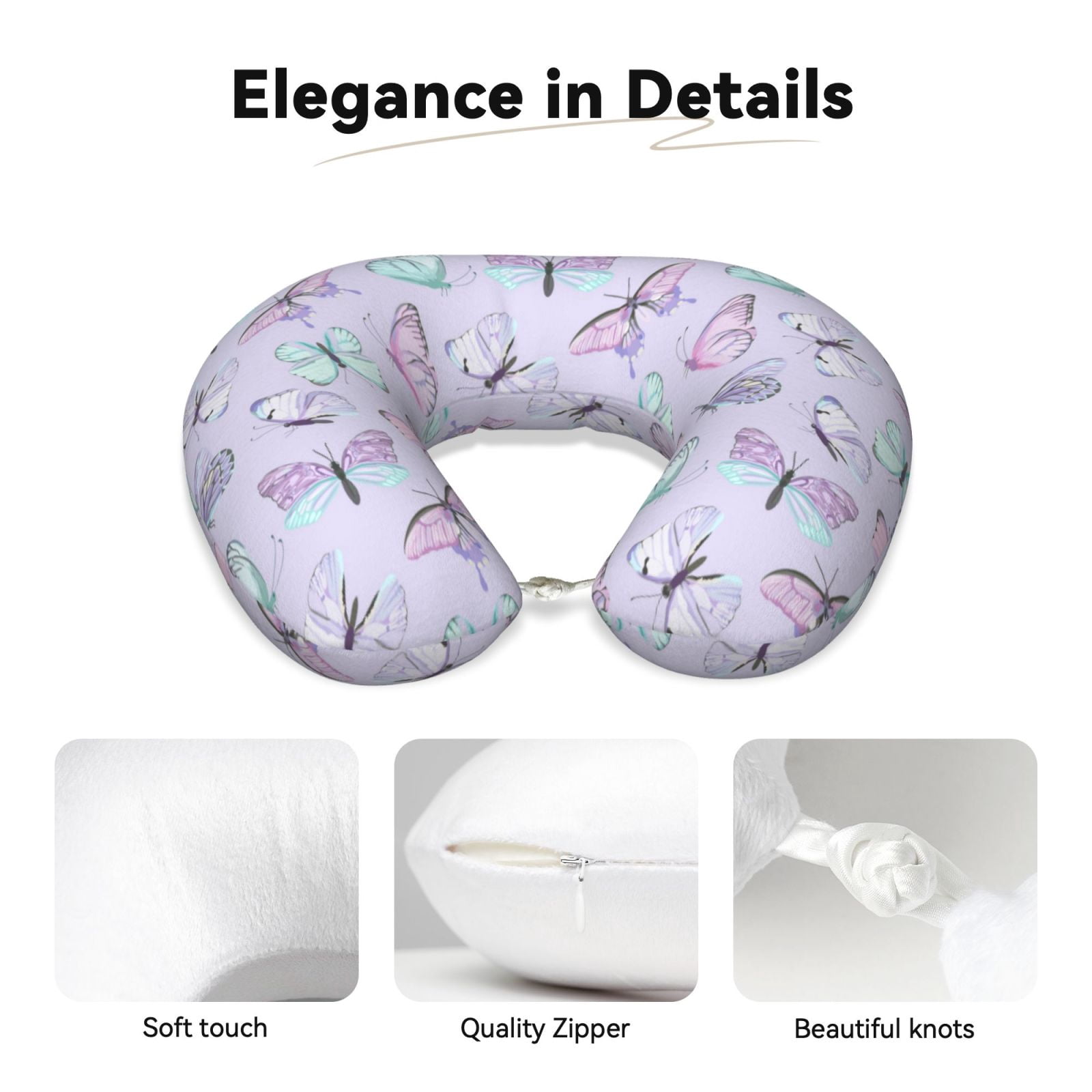 Xecao Purple Butterfly Print Memory Foam Cervical Neck Pillow Versatile U-Shaped Pillows for Home,Office,Camping,Travelling,Soft Washable Cover