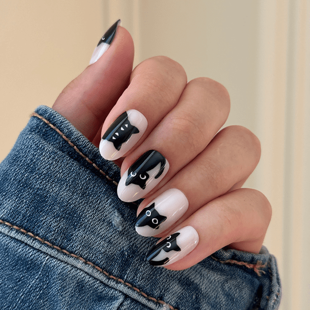 Olive & June Instant Mani Medium Oval Press-On Nails, Black Cat