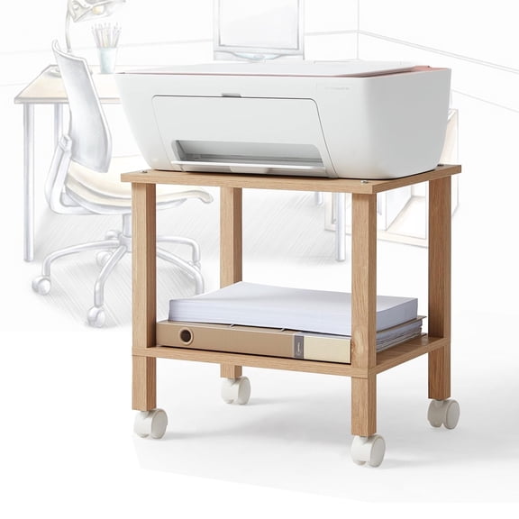Leyaoyao Printer Stand, 2 Tier Rolling Printer Cart with Wheels, Under Desk Printer Stand for Office, Home, Natural Oak
