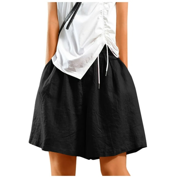 Women Palazzo Pants Summer Shorts Casual Loose Wide Leg Linen Cropped Solid Color High Waist Drawstring Pants Regular Size Trousers