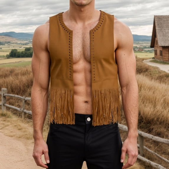 Western Cowboy Vest Men Cropped Faux Suede Tassel Fringe Vest 70s Hippie Open Front Cardigan Jacket Outerwear