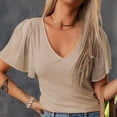 thumbnail image 2 of Top de manga corta con volantes para mujer, camisa de manga corta holgada de moda con cuello en V de poliéster para primavera y verano, 2 of 6
