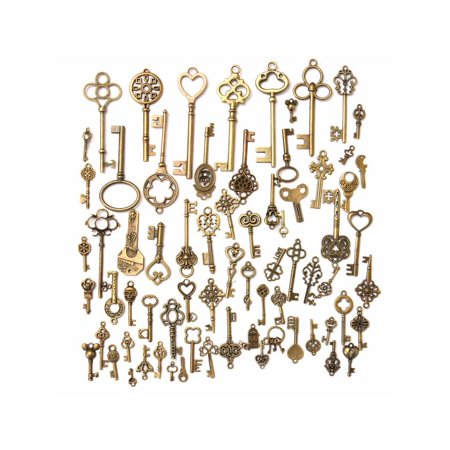 Old Lady Figurine - 70Pcs Key Charms Antique Vintage Old Look Bronze Skeleton Keys Fancy Heart Bow Pendant Set
