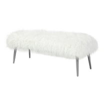 Pemberly Row 17" Modern Metal & Faux Fur Bench in White/Silver