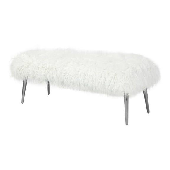 Pemberly Row 17" Modern Metal & Faux Fur Bench in White/Silver