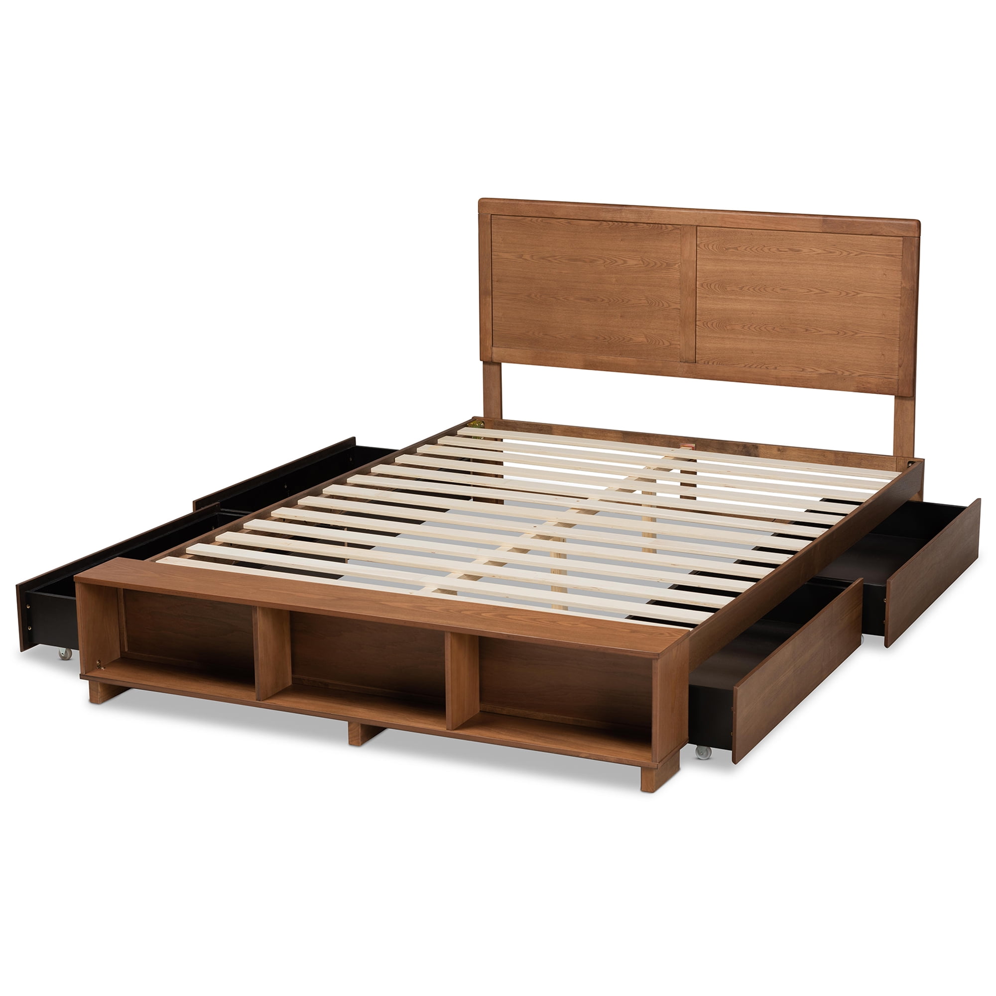 Baxton Studio Tamsin Modern Transitional Ash Walnut Brown Finished Wood Queen Size 4-Drawer Platform Storage Bed with Built-In Shelves