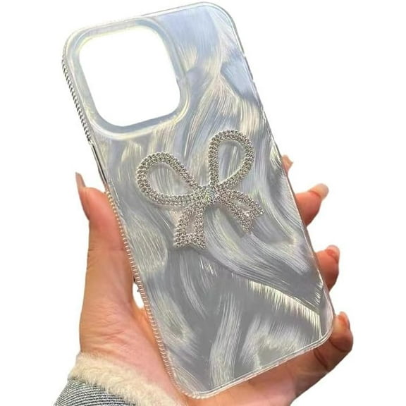 Cute 3D Diamond Bow Feather Gauze Phone Case Compatible with iPhone Case (White,iPhone 12)
