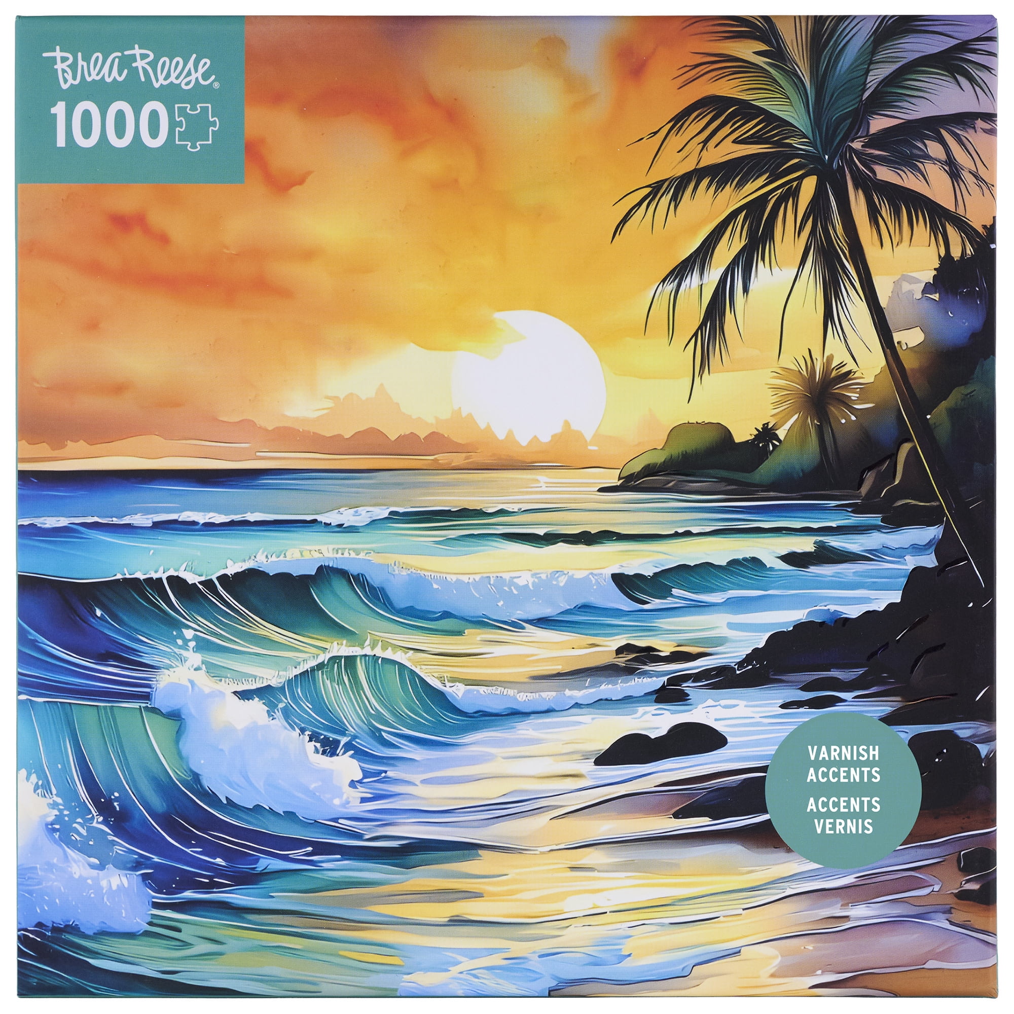 Brea Reese: 1000 Piece Puzzle - Beach - Waves & Palm Trees Sunset Scene, Adult Jigsaw, UV Varnish Accents, Image Reference Poster, 19.25 x 26.75"