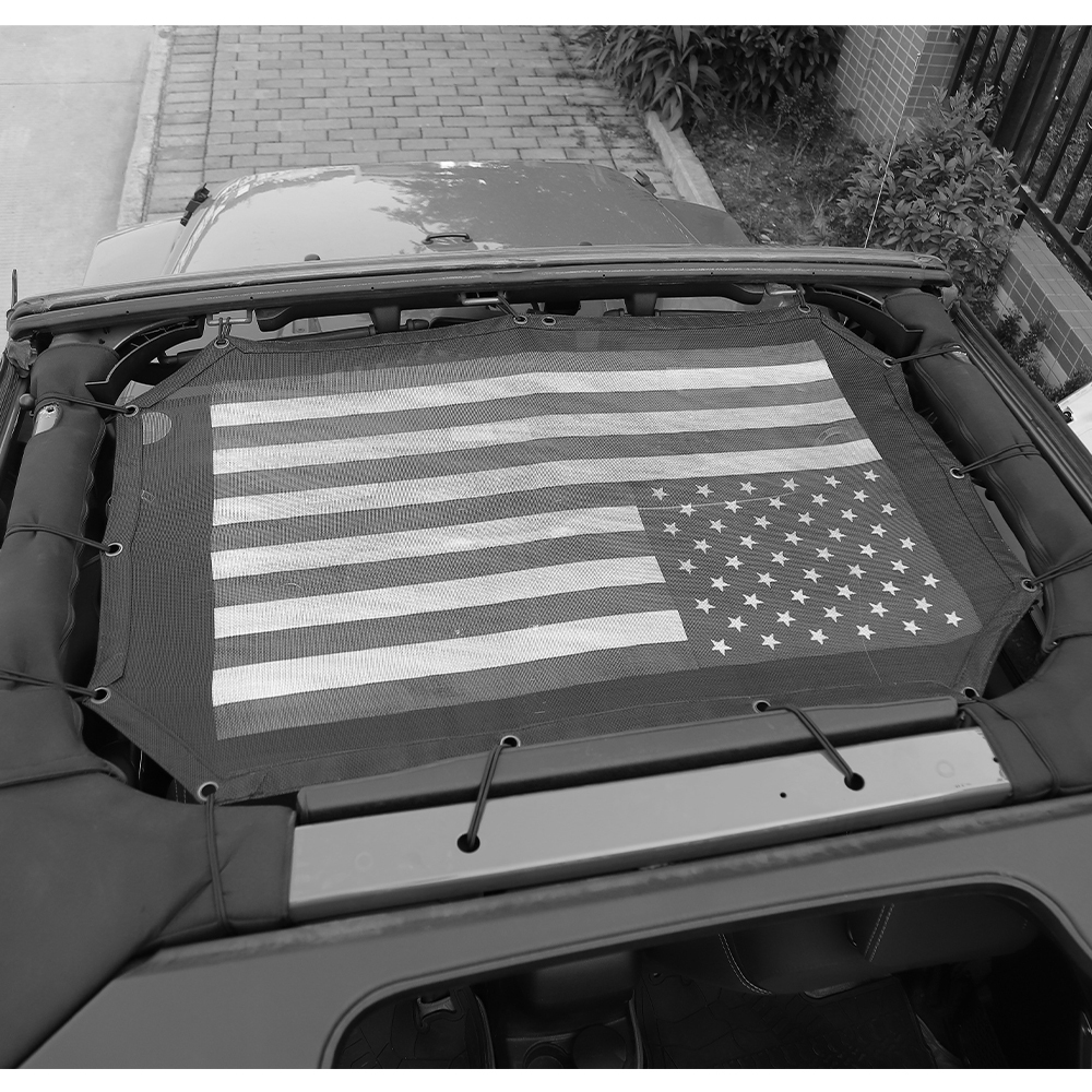 CheroCar Sunshade Mesh Bikini Top Sun Shade for Jeep Wrangler JK 2007-2017,  Black US Flag