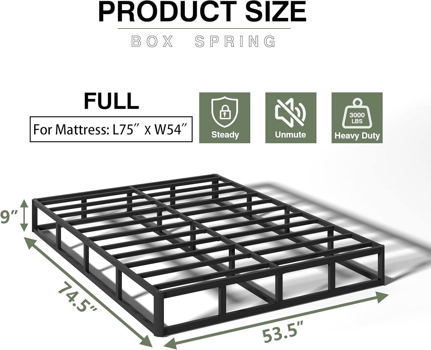 9 Inch Box Spring Full Size Bed, Heavy Duty Metal Mattress Foundation, 3000 lbs Capacity, High Profile, Noise-Free, Easy Assembly with Fabric Cover