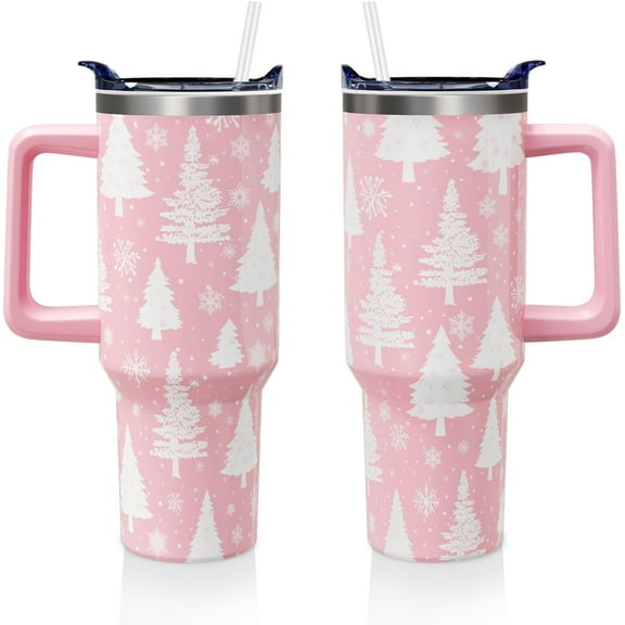 White Christmas Trees 40oz Tumbler Cup with Handle and Straw, Retro Xmas Snowflake Gifts for Women Girls, Winter Holiday Stainless Steel Water Bottle 1PC
