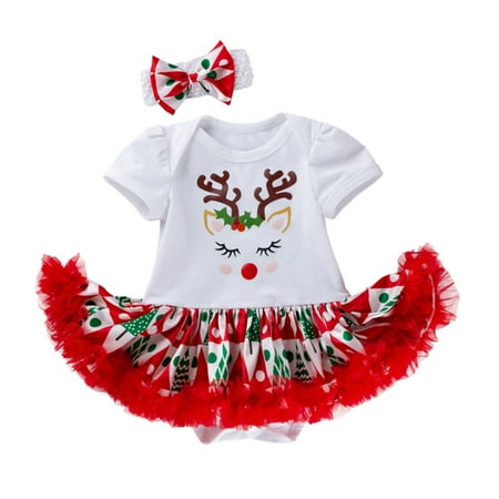 

CELIEAN Toddler Girls Christmas Printed Short Sleeve Romper Skirt With Headband 2PC Children s Suit Baby Girl Winter Clothes Packs Brown 3-6M
