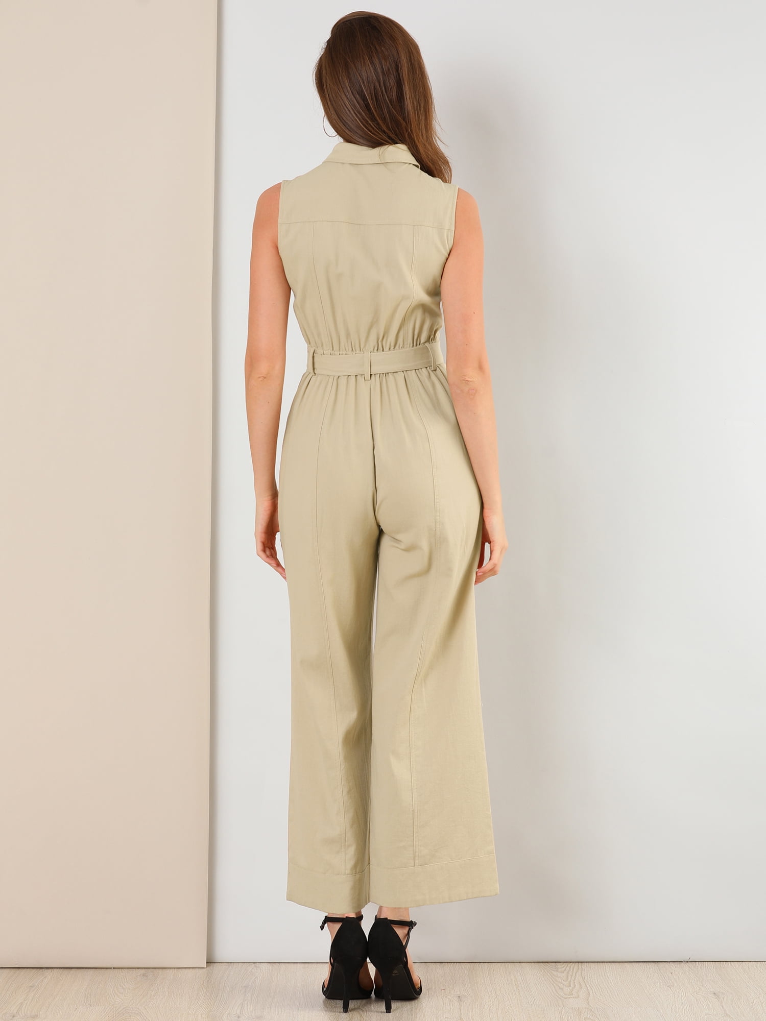 DARING DIVA Women's Wide Leg Jumpsuit Collared Tie Waist Coverall S Khaki