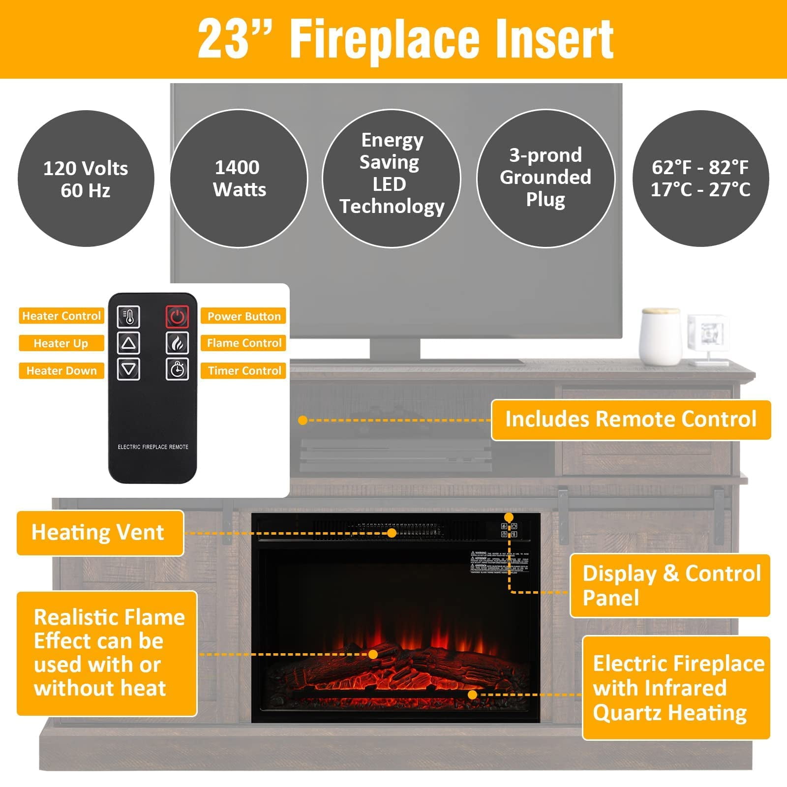 70"L Fireplace Mantel with 23" Electric Fireplace and Bookshelves, Wooden Storage Freestanding Heater with Remote Control, White