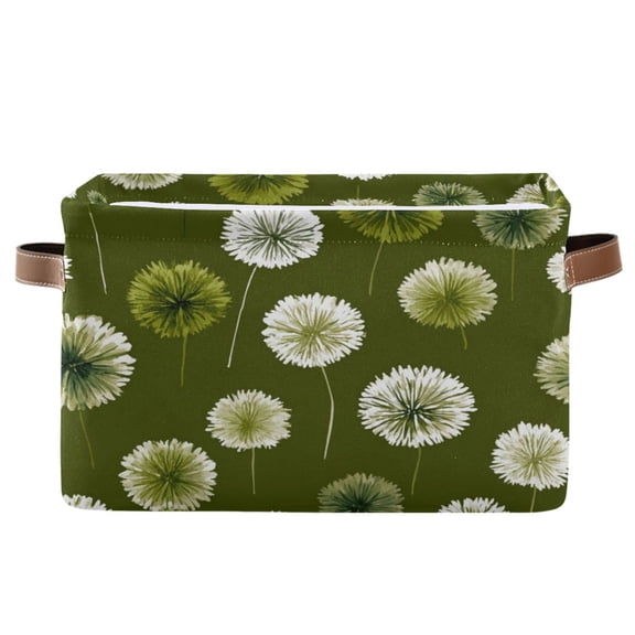 1-Pack Square Closet Organizers with Handles Open Basket Bins Green Dandelions Pattern Storage Basket for Home Office
