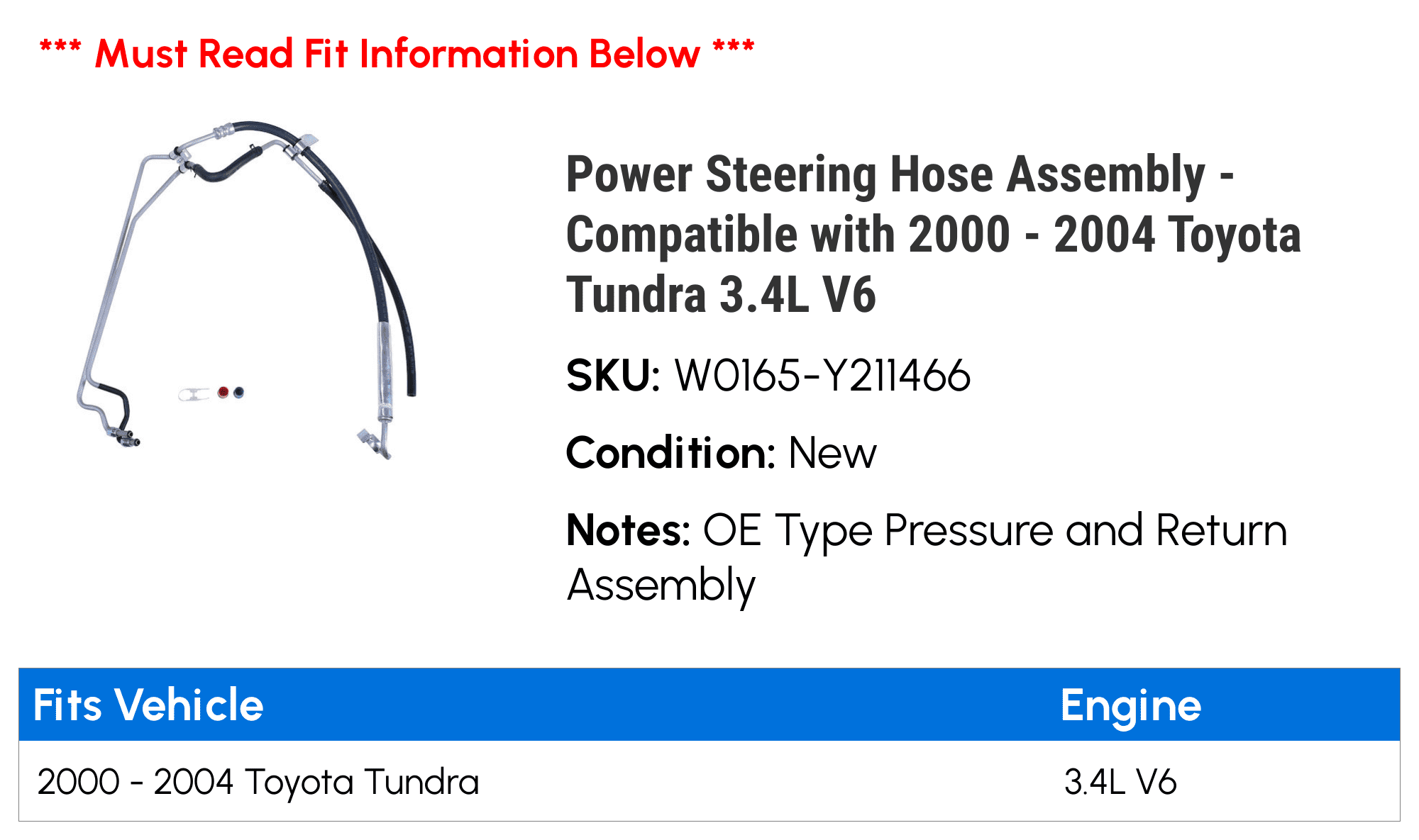 For 2000-2004 Toyota Tundra Power Steering Hose Assembly 86759PW 2002 2001 2003