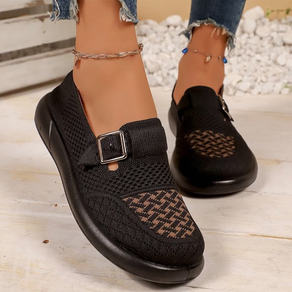 Willtoo Women’s Knit Mesh Slip‑On Walking Shoes, Adjustable Metal Buckle Strap Loafers, Breathable Platform Casual Shoes Thick Sole Comfy Sneakers