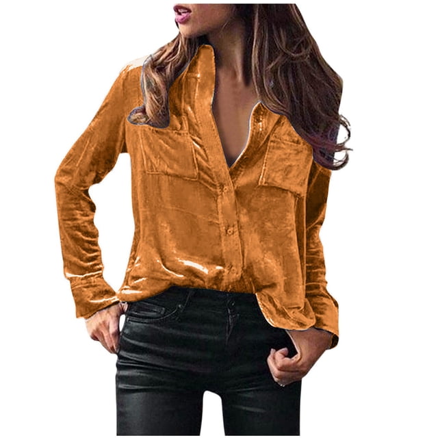FAIWAD Womens Velvet Vintage Shirts Long Sleeve Button Down Blouses with Pockets Plus Size Velour Tops
